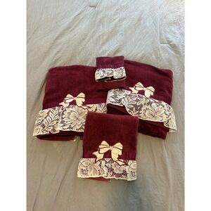 Vtg Elizabeth Gray Tiffany Lace 4pc Towel Set Cranberry Burgundy Bows Made n USA